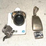 Sterling Silver Lot- Large Pendant, House Charm and Ring with Onyx Gemstone
