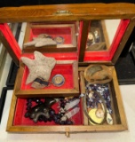 Pretty Carved Jewelry Box w/Group of Native American Items- Zuni Fetishes, Beaded Sash etc