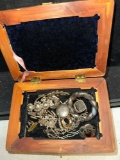 Vintage Inlaid Jewelry box w/Velvet Lining Filled with As-IS Sterling silver Jewelry