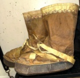 Pair of Old Eskimo Mukluks Seal Hide with Embroider Upper