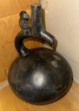 Old Black Peruvian Effigy water Pitcher with Fragment Missing