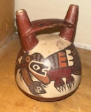 Old Double Spout & Bridge Vessel w/Lizard & Bird Design Nazca From Peru