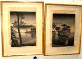 Pair of Early Japanese Monotone Wood Block Prints Signed in Plate and in Pen ink 15
