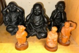 3 Carved Oriental Figures and See No Evil, Hear No Evil & Speak No Evil Figurines