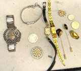 Vtg Watches, Pins, Tie Tacks and Coins