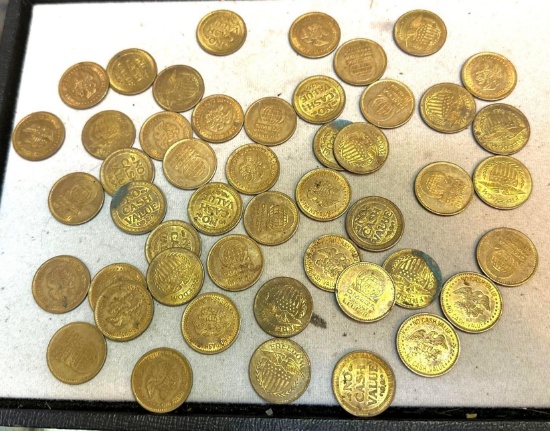 Lot of Vintage Brass Tokens- Omega Products, Freedom Worlds Fair?