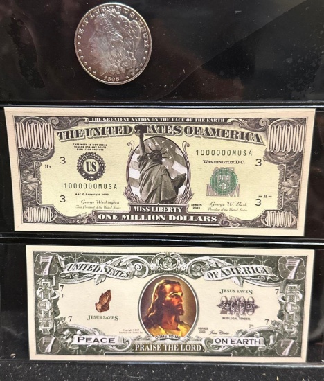 1895 COPY Morgan Dollar, Collectible One Million Bill and 7 Peace on Earth Jesus bill