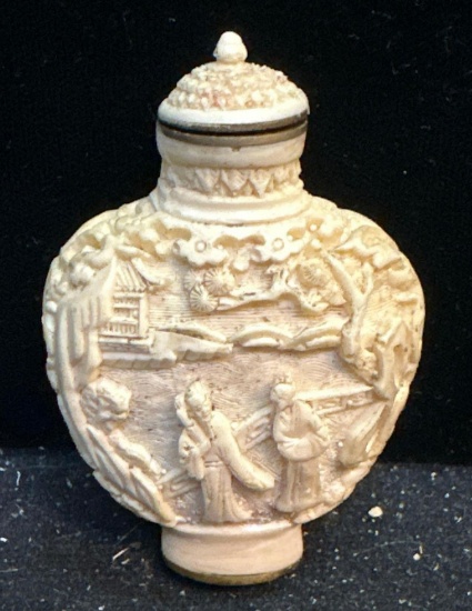 Carved Snuff Jar Chinese Landscape with People