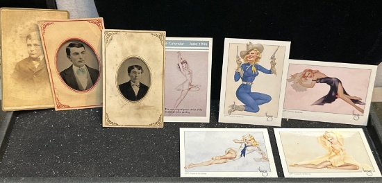 Three 19th Century photos- 2 are Hand tined tin type photos and 5 Vargas Pinup Cards