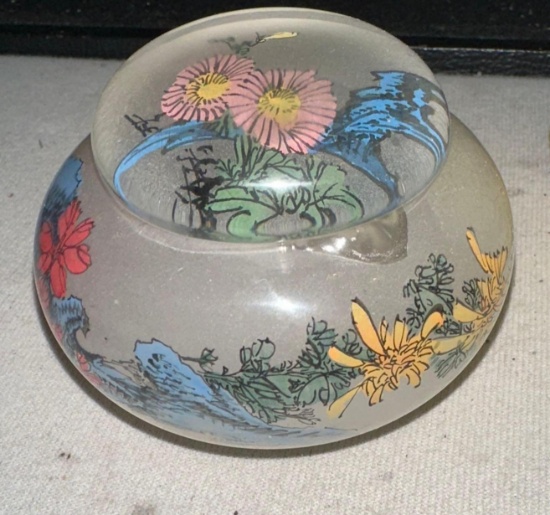 Vintage Chinese Glass Reverse Painting Glass Dish with Lid in Box