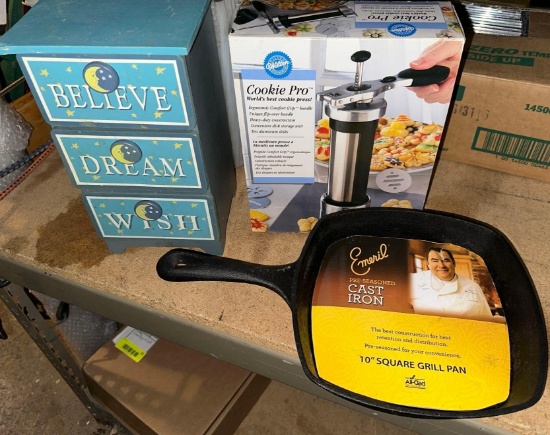 New 10" Cast Iron Pan, Cookie Press and 3 Drawer Organizer