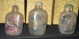 3 Japanese Reversed Painted Snuff Jars with Jade Lids