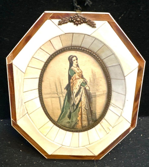 Mini Portrait 19th Cent Print in Frame w/ ivory accents inlayed around rim 6" x 5"