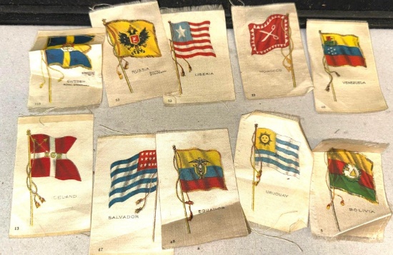 10 Antique Silks from Cigarette Packages- Early 20th Cent- all Different Countries