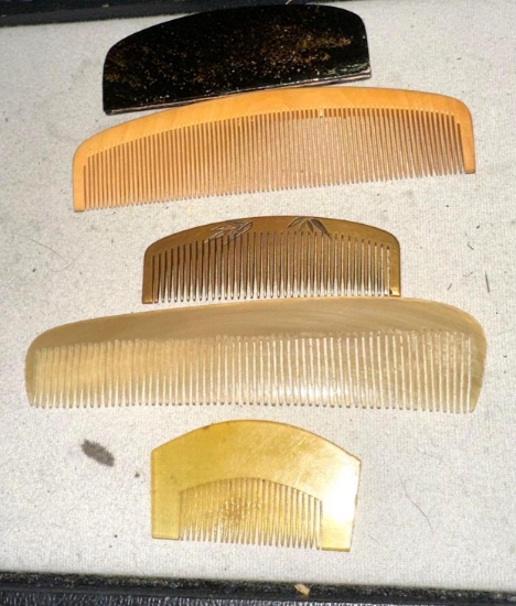 5 Handmade Combs- Boxwood, Brass, 2 Handmade Celluloid or early plastic
