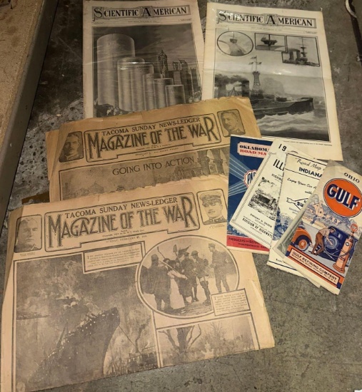 2 Copies of Scientific American Magazine 1908, 2 Copies of WWI Tacoma Mag of War & 5 Old Maps