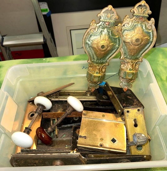 Bin of VTG Door Knobs, Plates, Locks and More