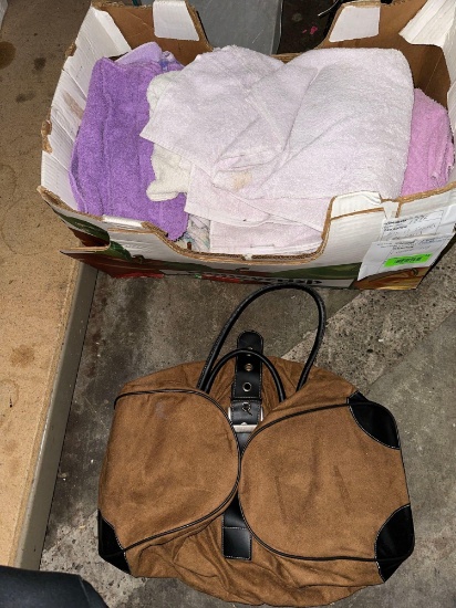 Leather Duffel Bag and Box of Towels/Rags