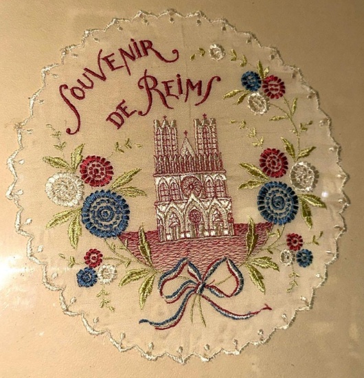 Framed VTG Embroidered "Souvenir De Reims" 13" x 13"