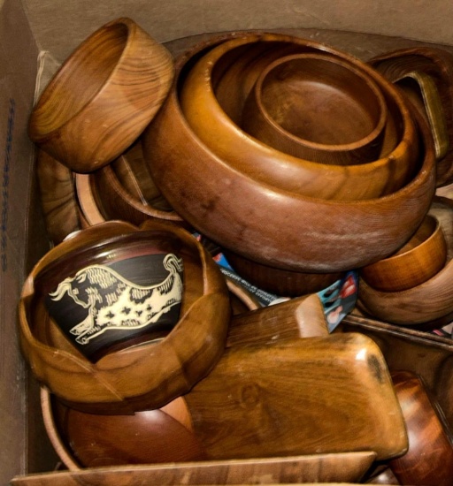 Big Box full of Wood carved Bowls/Kitchen ware- "Monkey Pod"