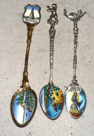3 Enamel Souvenir Spoons- with Pretty Paintings