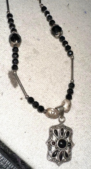 Sterling Silver and Black Onyx Marcasite Necklace