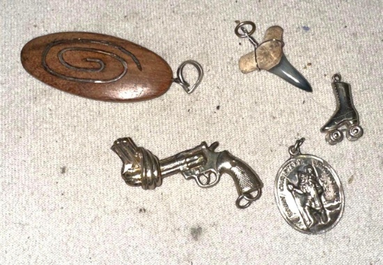3 Sterling Pendants(Skate Charm, St Christopher, Wood & Silver Pendant) Shark Tooth etc