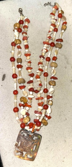 Coral, Mother of Pearl, Abalone Necklace