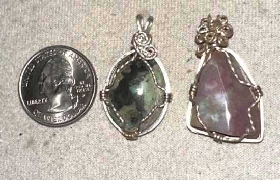 2 Pretty Gemstone Pendants Wrapped in Sterling Silver