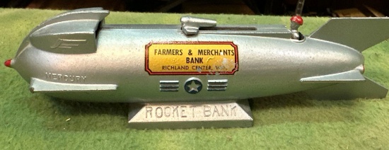VTG "Farmers & Merchants Bank" Richland Center, Wis Rocket Coin Bank w/key