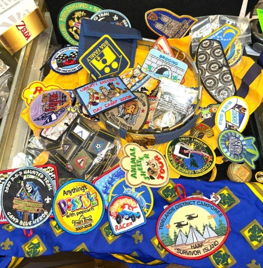 Huge Boy Scout Lot- Patches, Badges, Belt, Bandana and more