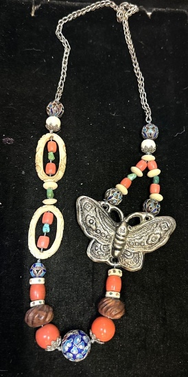 Carved Bone Gemstone Cloisonne Enamel Butterfly necklace