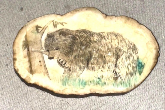 Scrimshaw of Bear on Piece of Antler