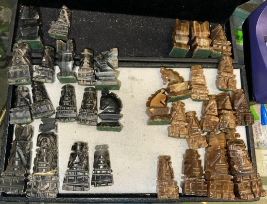 32 Carved Stone Chess Pieces