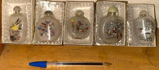 5 Chinese Reverse Painted Snuff Jars with Jade Tops