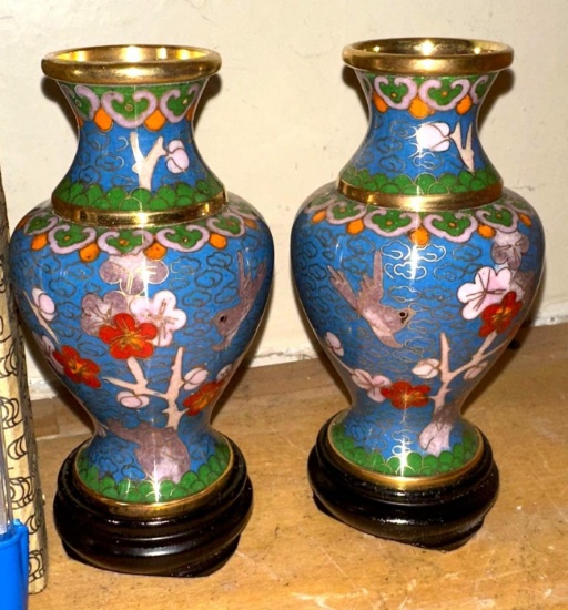 2 Chinese Cloisonne Vases with Stands 1980's