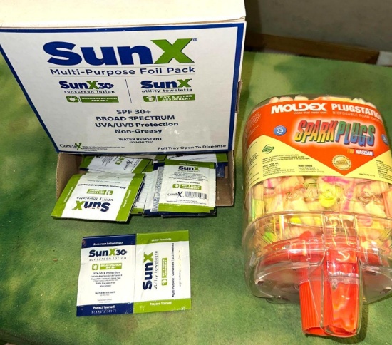 Jobsite Sunscreen Utility Towelettes and earplugs