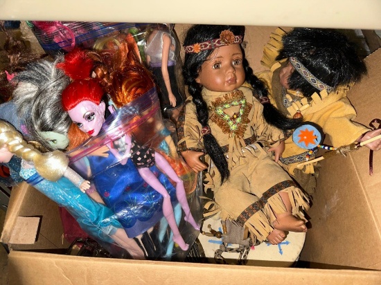 Lot of Dolls (frozen, Monster High Etc), Native American Dolls and Drum