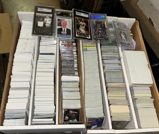 2 Card Boxes of unsearched Sports cards and 5 Slabbed and Graded Cards