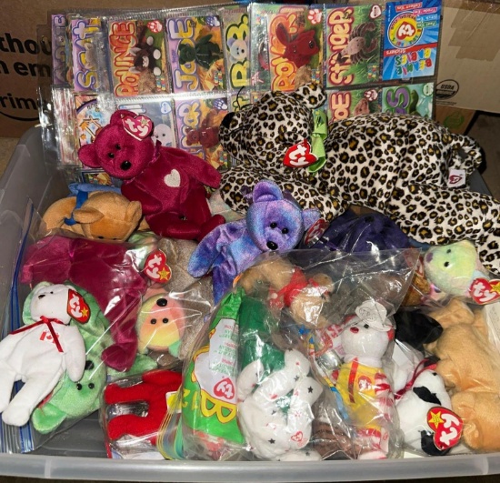Bin of TY Beanie Babies and Trading cards