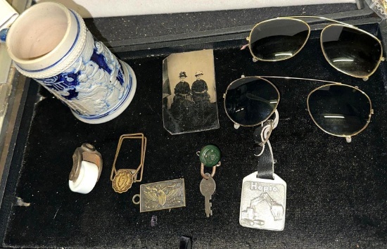 Lot of Collectibles- Antique Blue German Stein, 2 pairs of Old Pilot Sunglasses etc