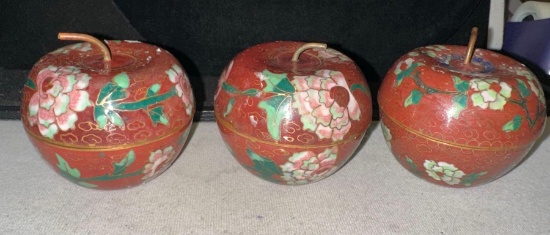 3 Cloisonne Apple Covered Trinket Boxes