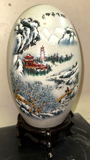 Large egg with Japanese Painting on wood stand 12" Tall