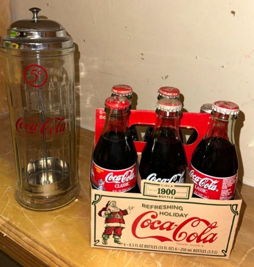 Glass Coca Cola Straw Holder and 6 Pack of Vtg Glass Coca Cola Bottles