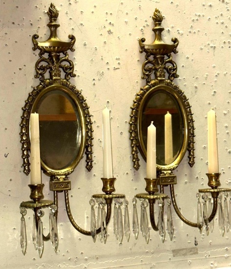 Pair of Antique Bronze Wall Mirrors/Candle Holders with Crystals 21" Long