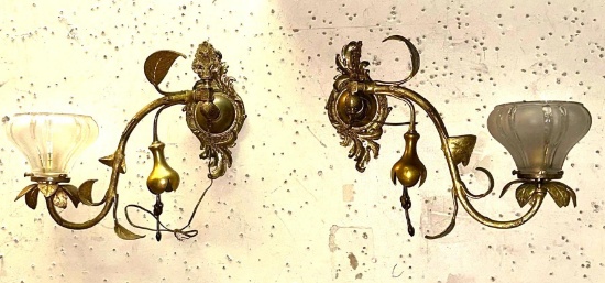 Pair of Antique Bronze Wall Sconces with Original Shades