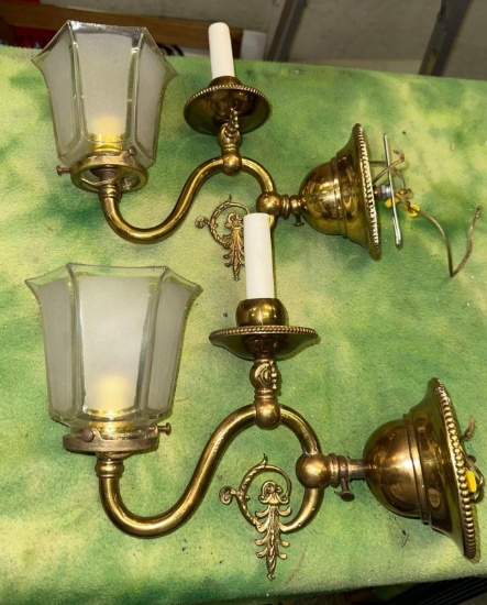 Pair of Antique Bronze Wall Sconces/ Candle Holders with Original Shades