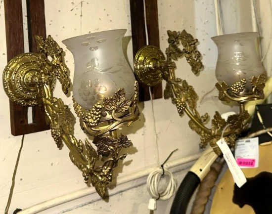 Pair of Antique Bronze Wall Sconces with Original Shades and Grape Motif