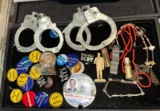 Group of Collectible Political Pins, Handcuffs, Vial of Gold, Coin Ring and More