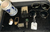 Lot of Collectibles- Antique Blue German Stein, 2 pairs of Old Pilot Sunglasses etc
